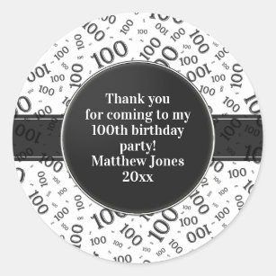100th Birthday Number Pattern Black/White Classic Round Sticker