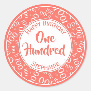 100th Birthday Number Pattern Coral/White 100 Classic Round Sticker