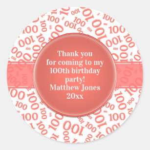 100th Birthday Number Pattern Coral/White Classic Round Sticker