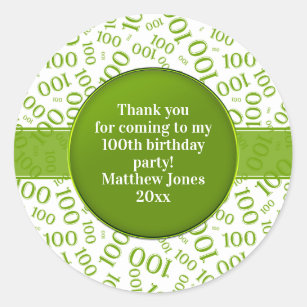 100th Birthday Number Pattern Green/White Classic Round Sticker