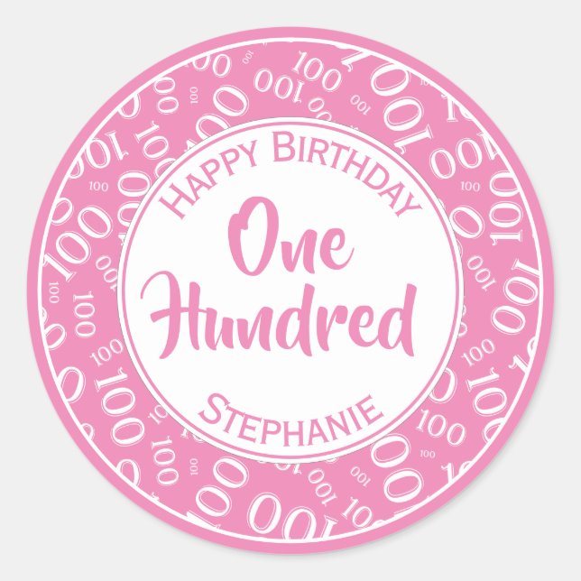 100th Birthday Number Pattern Pink/White 100 Classic Round Sticker (Front)