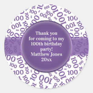 100th Birthday Number Pattern Purple/White Classic Round Sticker