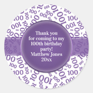 100th Birthday Number Pattern Purple/White Classic Round Sticker
