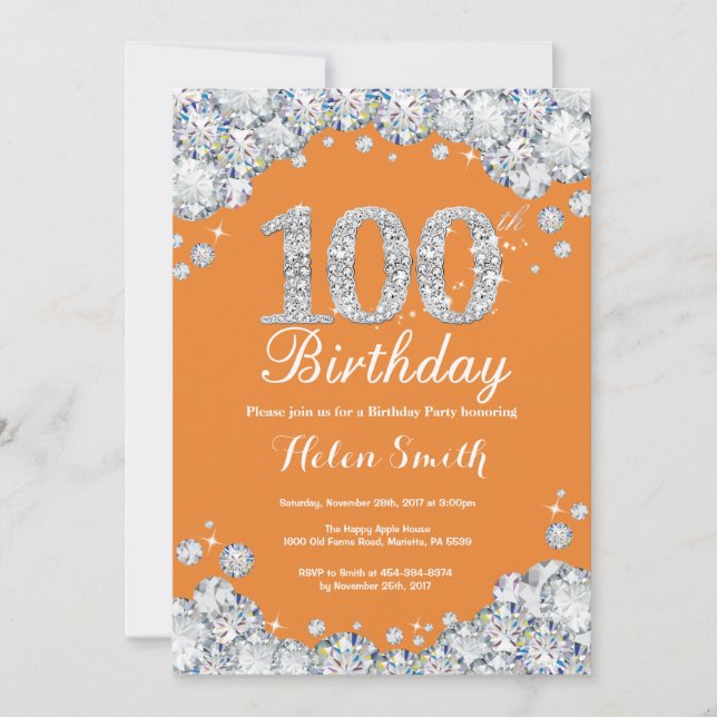 100th Birthday Orange Silver Diamond Invitation (Front)