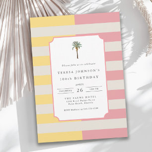 100th Birthday Palm Beach Pastel Stripe Tropical Invitation
