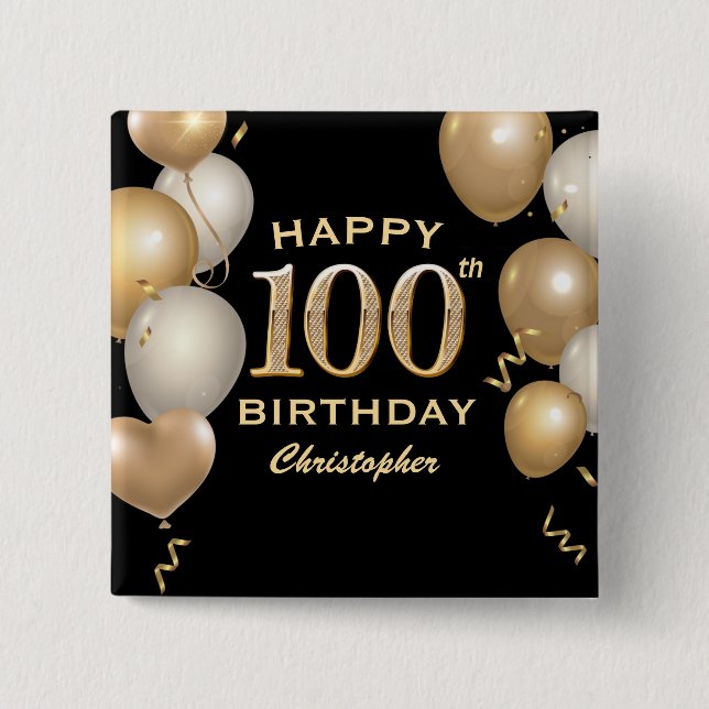 100th Birthday Party Black and Gold Balloons 15 Cm Square Badge (Front)