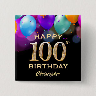 100th Birthday Party Black and Gold Balloons 15 Cm Square Badge