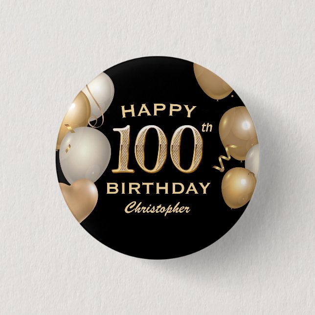 100th Birthday Party Black and Gold Balloons 3 Cm Round Badge (Front)