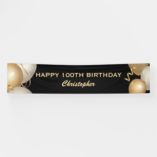 100th Birthday Party Black and Gold Balloons Banner (Horizontal)