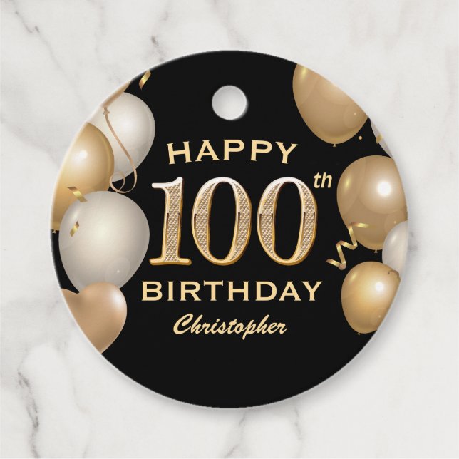 100th Birthday Party Black and Gold Balloons Favour Tags (Front)
