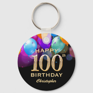 100th Birthday Party Black and Gold Balloons Key Ring