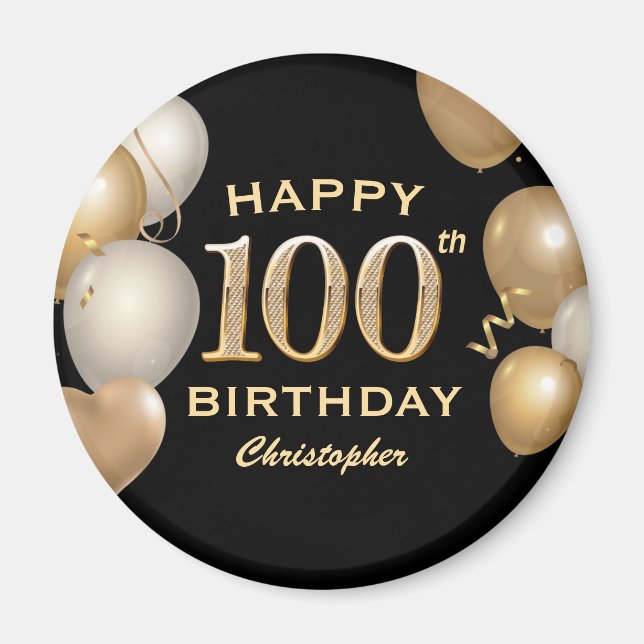 100th Birthday Party Black and Gold Balloons Magnet (Front)