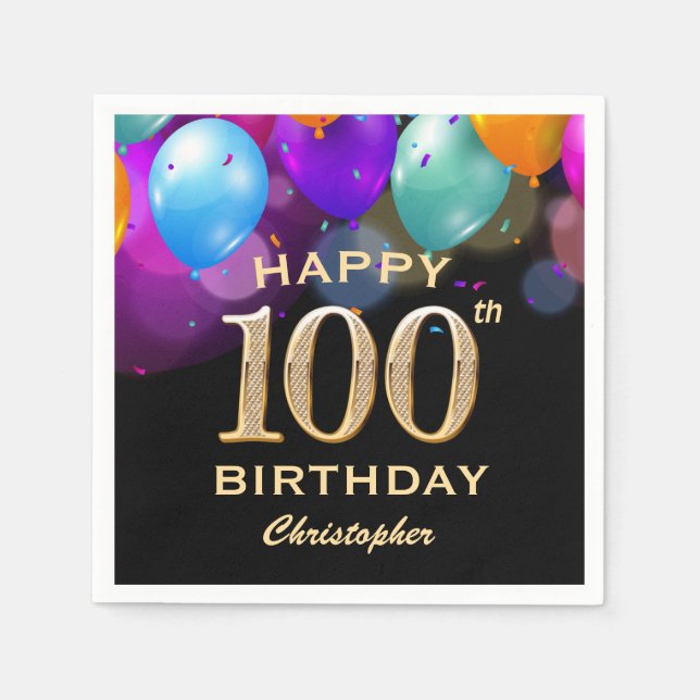100th Birthday Party Black and Gold Balloons Napkin (Front)