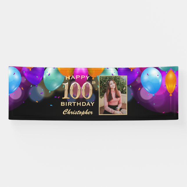 100th Birthday Party Black and Gold Balloons Photo Banner (Horizontal)