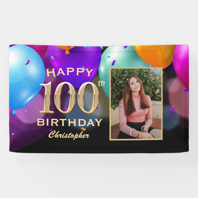 100th Birthday Party Black and Gold Balloons Photo Banner (Horizontal)