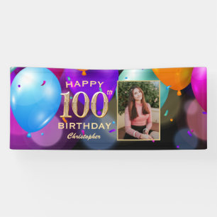 100th Birthday Party Black and Gold Balloons Photo Banner