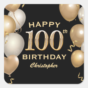 100th Birthday Party Black and Gold Balloons Square Sticker