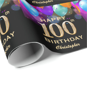 100th Birthday Party Black and Gold Balloons Wrapping Paper