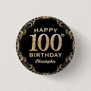 100th Birthday Party Black and Gold Glitter Frame 3 Cm Round Badge