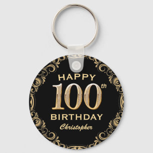 100th Birthday Party Black and Gold Glitter Frame Key Ring