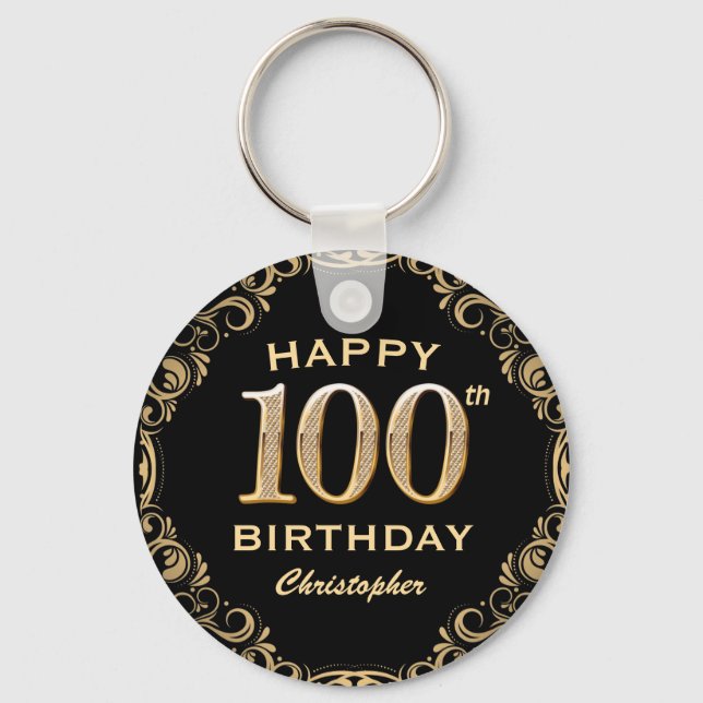 100th Birthday Party Black and Gold Glitter Frame Key Ring (Front)