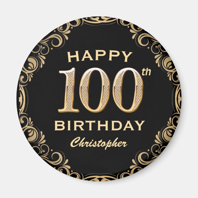 100th Birthday Party Black and Gold Glitter Frame Magnet (Front)