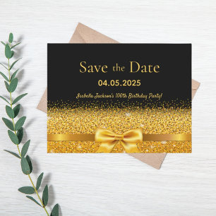100th birthday party black gold bow save the date postcard
