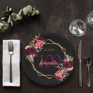 100th birthday party black gold floral burgundy paper plate