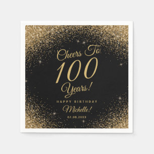 100th Birthday Party Black Gold Glitter Name  Napkin