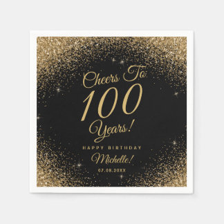 100th Birthday Party Black Gold Glitter Name  Napkin