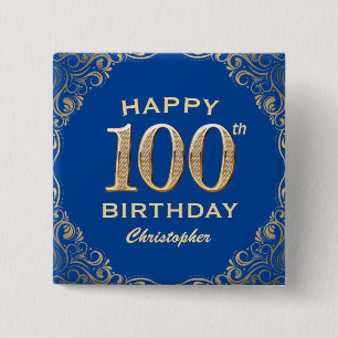 100th Birthday Party Blue and Gold Glitter Frame 15 Cm Square Badge