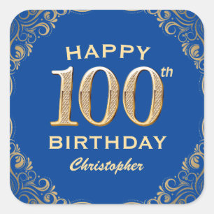100th Birthday Party Blue and Gold Glitter Frame Square Sticker