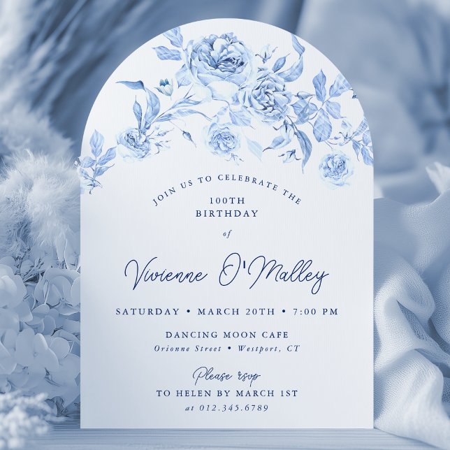 100th Birthday Party Blue Floral Arch Shape Invitation (Creator Uploaded)