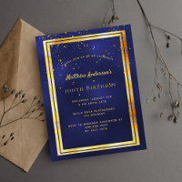 100th birthday party blue gold shiny invitation