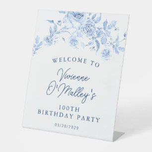 100th Birthday Party Blue Rose Floral Welcome Pedestal Sign