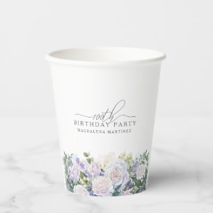100th Birthday Party Blue White Floral Custom Paper Cups