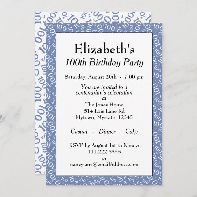 100th Birthday Party Blue/White Number Pattern Invitation (Front/Back)