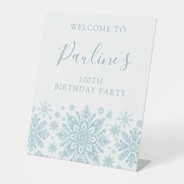 100th Birthday Party Blue White Snowflake Welcome  Pedestal Sign (Front)