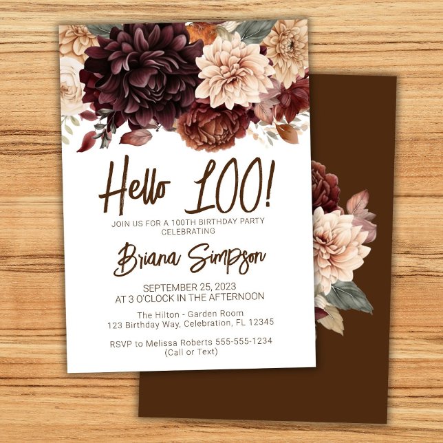 100th Birthday Party Brown Beige Flowers Floral Invitation (Creator Uploaded)