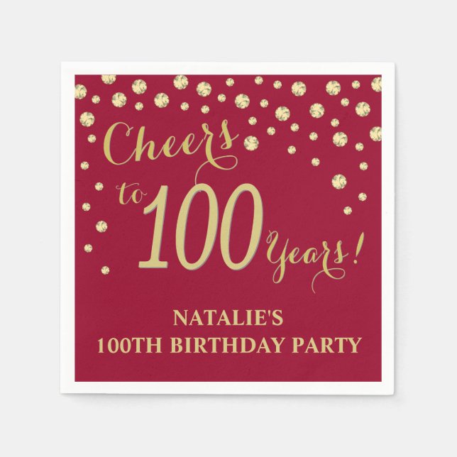 100th Birthday Party Burgundy Red and Gold Diamond Napkin (Front)
