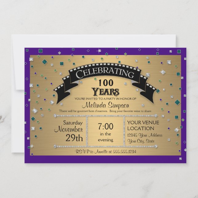 100th Birthday Party Celebrate Faux Jewel Confetti Invitation (Front)