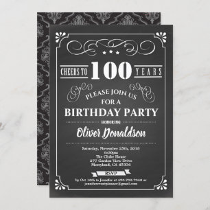 100th birthday party chalkboard black and white invitation