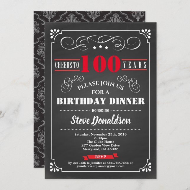 100th birthday party chalkboard retro red black invitation (Front/Back)