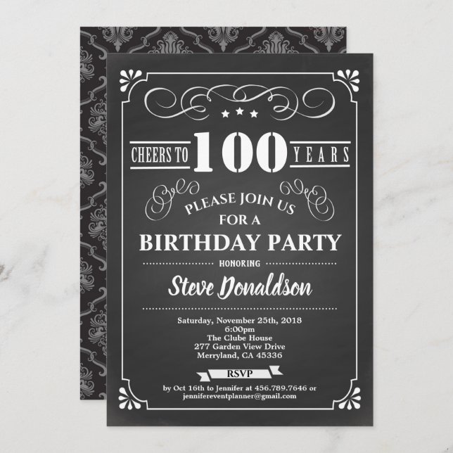 100th birthday party chalkboard retro vintage invitation (Front/Back)
