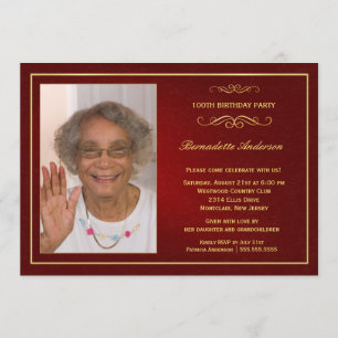 100th Birthday Party Classy Red Gold Photo Invitation