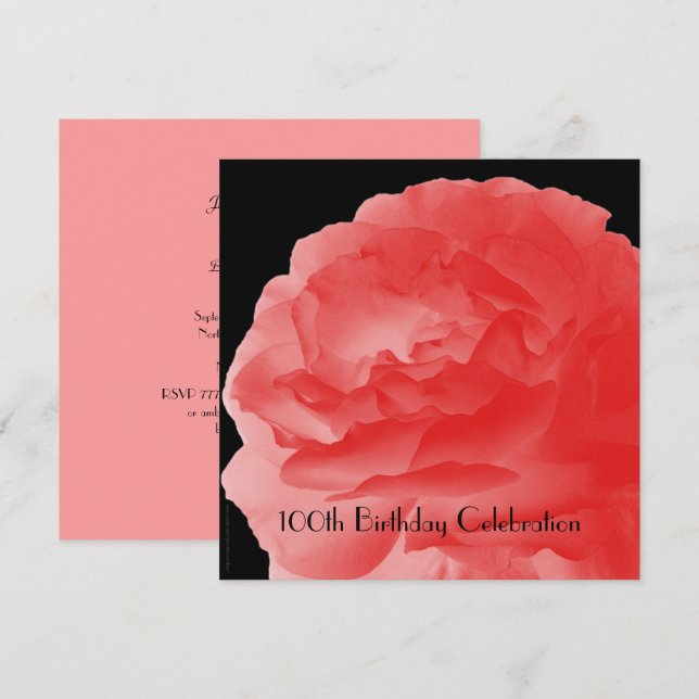 100th Birthday Party Coral Rose, Name, Square Invitation (Front/Back)