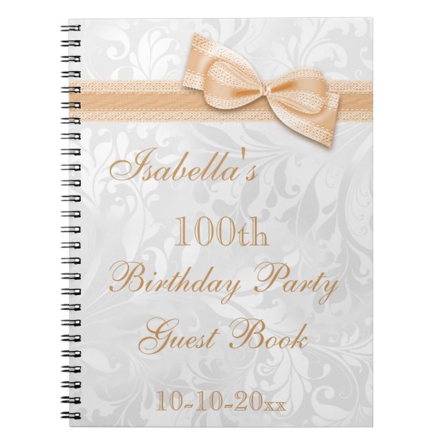100th Birthday Party Damask and Bow Notebook (Front)