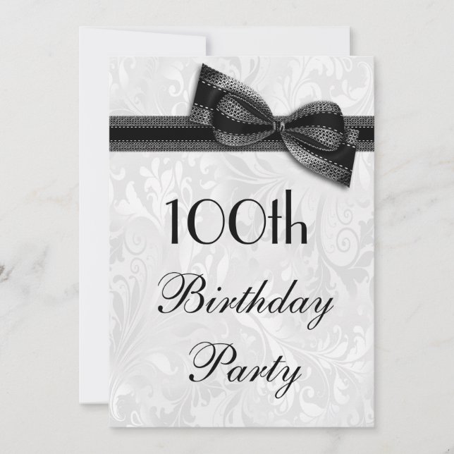 100th Birthday Party Damask and Faux Bow Invitation (Front)