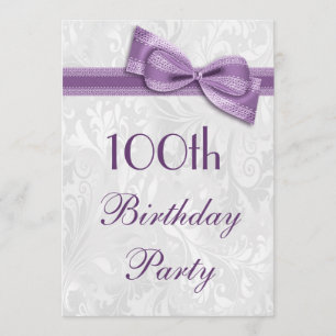 100th Birthday Party Damask and Faux Bow Invitation
