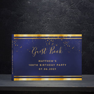 100th Birthday Party dark blue gold confetti Guest Book